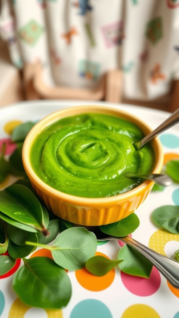 Creamy spinach puree for babies in a bowl, surrounded by fresh spinach leaves and a spoon.